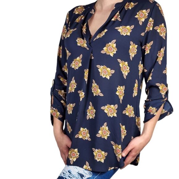 Women's Loft blouse navy floral long sleeve roll tab hi low hem tunic - Picture 2 of 7